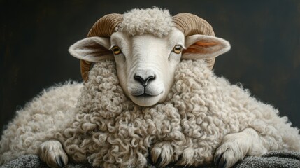 Majestic ram posing with thick, curly wool in a studio setting