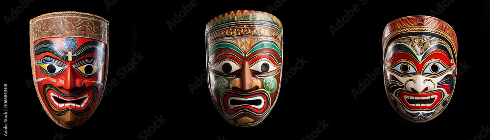 Poster three intricately carved masks are isolated against a black background. they are adorned with variou