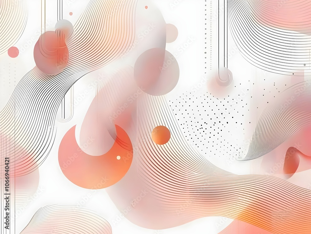 Poster an abstract composition featuring soft waves, curves, and geometric shapes in warm hues of orange an