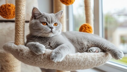 A cozy gray cat relaxing on a plush perch near a sunny window in autumn