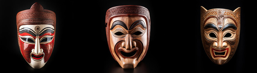 Three wooden masks are isolated against a black background. The masks have unique expressions, each with different designs and features.