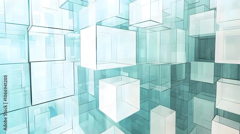Poster a mesmerizing abstract composition featuring translucent cubes in varying shades of blue and white, 