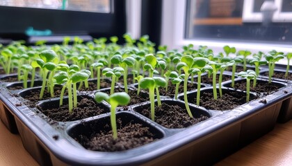 Early stages of plant growth in a tray near a window during daylight