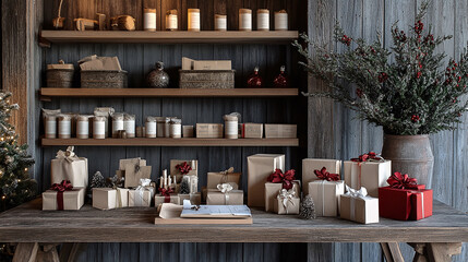 Christmas gift-wrapping station with festive decor