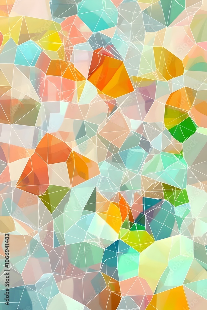 Poster an abstract composition of colorful geometric shapes in soft pastel hues, creating a vibrant and dyn