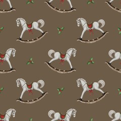 Christmas watercolor seamless pattern with rocking horse toy on brown background