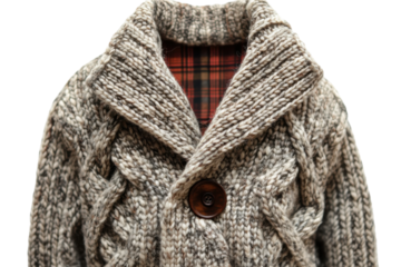 Cozy gray cable knit cardigan with button and plaid lining displayed against a white background