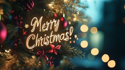 The inscription "Merry Christmas" in gold on the background of the Christmas tree