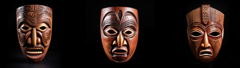Three wooden masks, isolated against a black background. The masks feature carved features and intricate designs.
