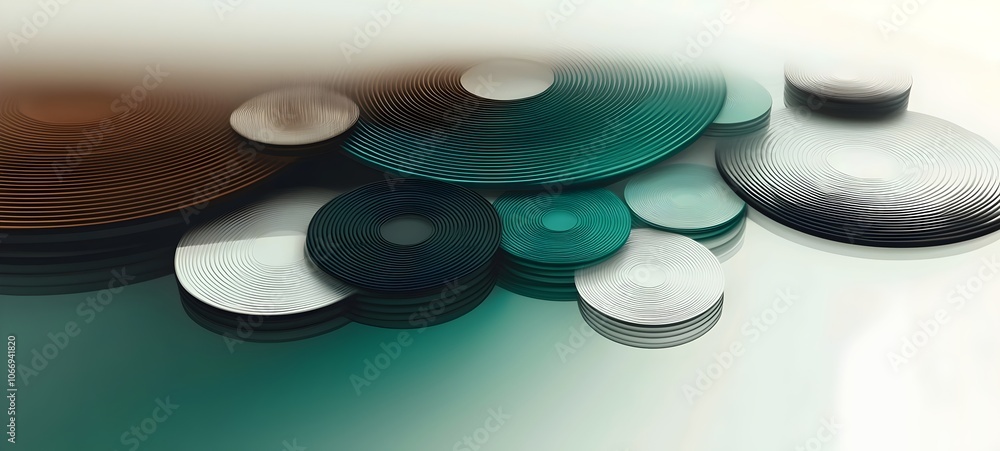 Poster an abstract composition featuring circular shapes with varying sizes and colors, including deep teal