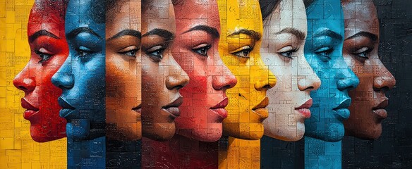 A vibrant and colorful collage of diverse faces, representing the diversity in Women's History Month. The background is filled with geometric patterns and textures