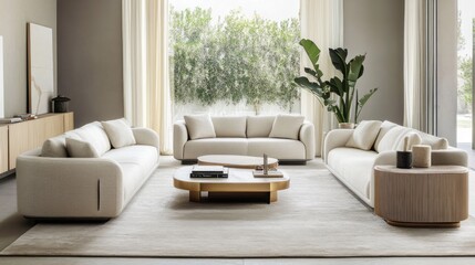 Fototapeta premium Modern Living Room Interior with White Couches and a Coffee Table