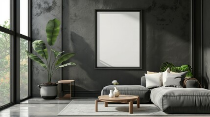 living room interior in style of modern contemporary with sofa, lounge chair, coffee table and white space poster frames