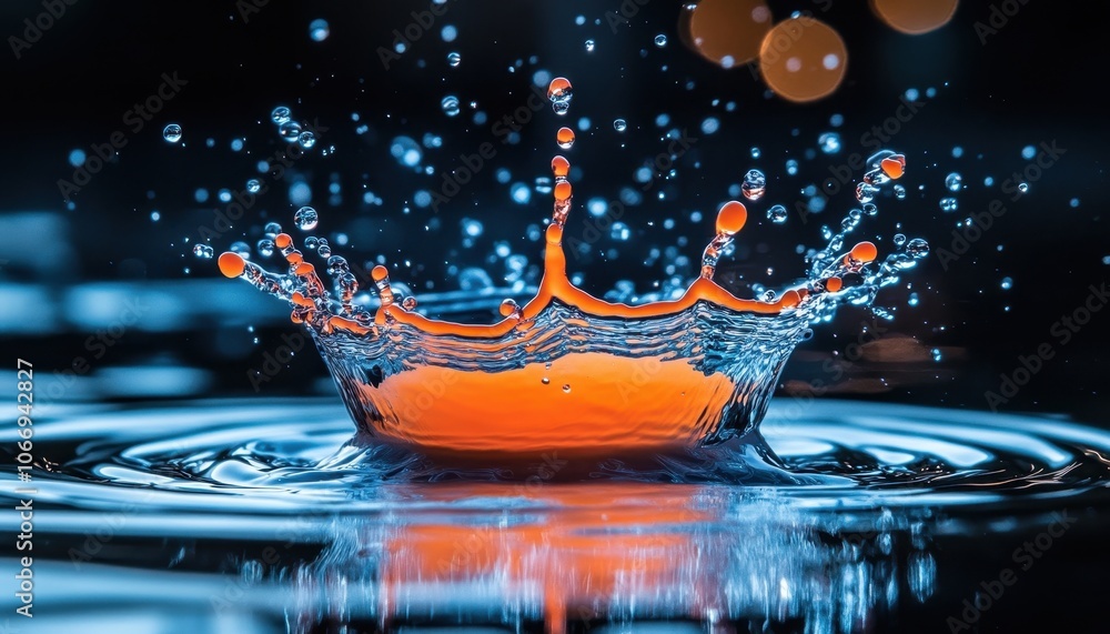 Poster vibrant ink drops create mesmerizing patterns in a still water surface at dusk