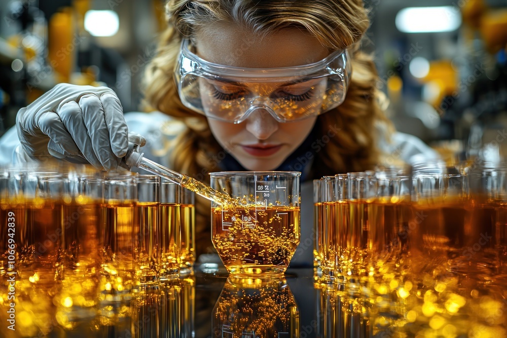 Aufkleber Scientist in a Lab Using a Pipette to Transfer a Yellow Liquid into a Beaker