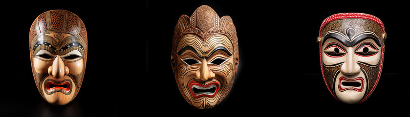Naklejka premium Three wooden masks are displayed against a black background.
