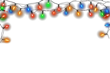 Christmas lights string isolated on white background. Border of festive colorful holiday light string isolated on white.
