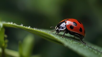 Naklejka premium Ladybug Crawling on a Leaf in Nature