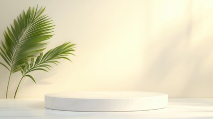 A white pedestal with a leaf on it