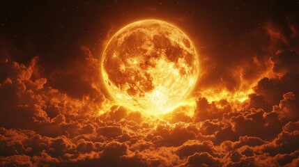 Fiery Full Moon Rising Through Orange Clouds and Stars