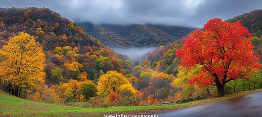 Obraz premium Spectacular Autumn Colors and Morning Mist in the Appalachian Mountains, Scenic Landscape Panorama