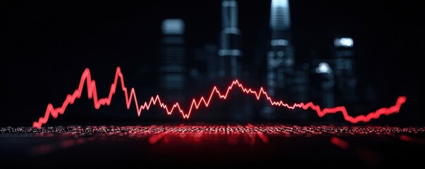 Fototapeta premium Stock market failing concept. A digital graph displays a fluctuating red line against a blurred city backdrop symbolizing data trends or market analysis