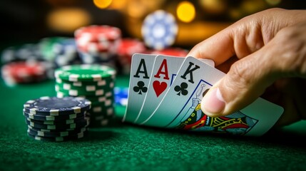 Poker chips and female hand holding cards on green table
