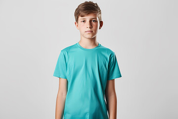 A young Caucasian boy wearing a bright turquoise t-shirt, standing against a light gray background with a serious expression.