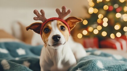 Obraz premium A playful dog wearing reindeer antlers, sitting comfortably on a cozy blanket. The background features festive holiday decorations, creating a cheerful atmosphere.