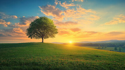 Obraz premium Early summer morning scenery with a tree and vibrant clouds against a golden blue sky