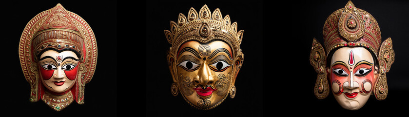 Naklejka premium Three ornate masks with painted faces are isolated against a black background.