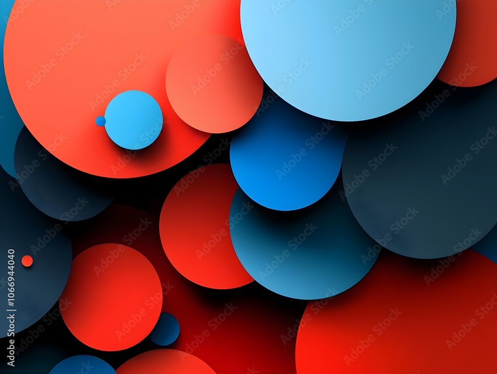 Poster an abstract composition featuring overlapping circles in vibrant shades of red, blue, and dark tones