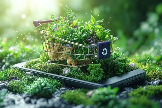 A Miniature Shopping Cart Filled with Plants Resting on a Smartphone in a Lush Green Setting