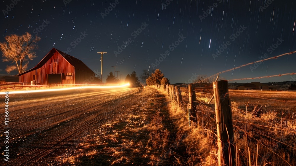 Poster a row of fence posts lining a dirt road with a procession of car light trails passing in front of a 