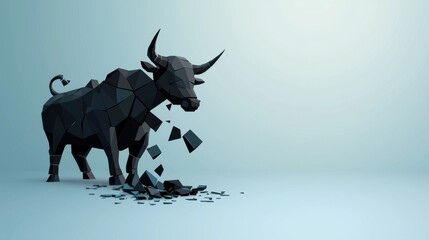 Obraz premium Stock market failing concept. A stylized low-poly bull appears to break apart creating a dynamic visual effect against a simple background