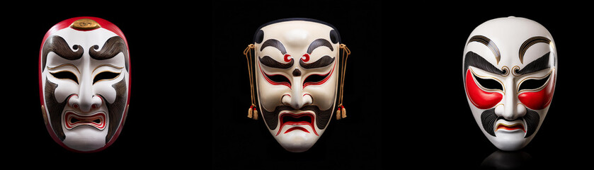 Three traditional Japanese masks isolated on a black background.