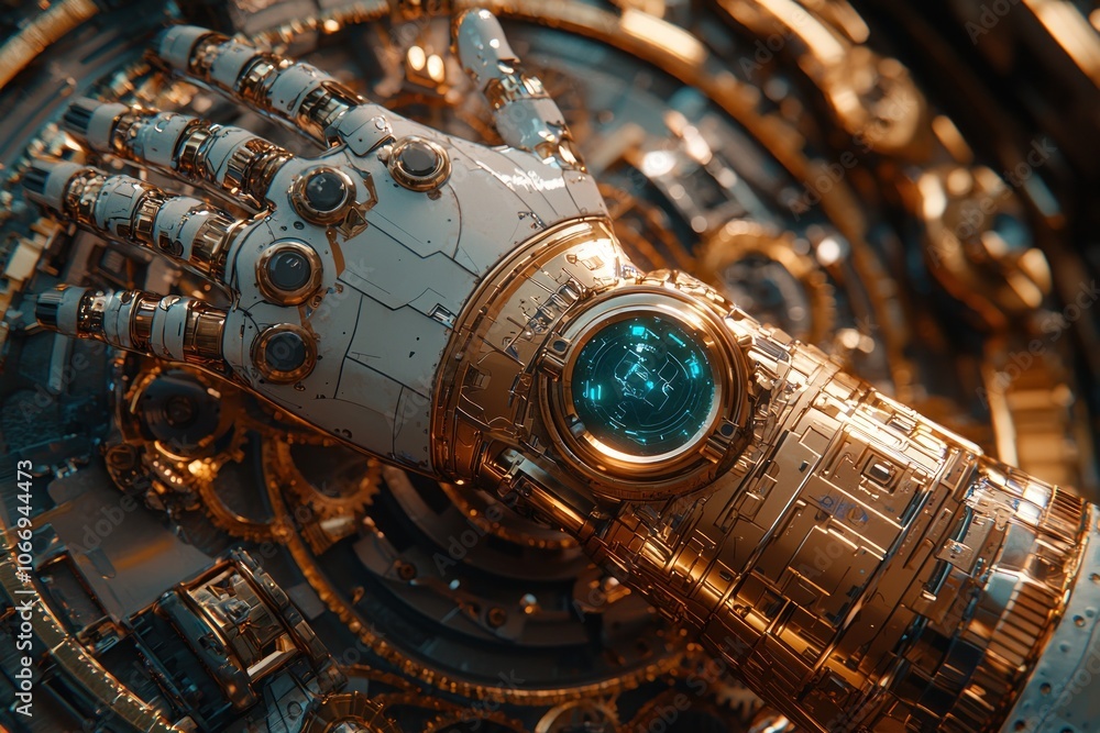 Poster a detailed close-up of a futuristic mechanical arm with a circular display