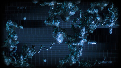 A data screen style background of strange synthetic formations of undulating organic looking material pulsating with glowing data glitch and interference effects.