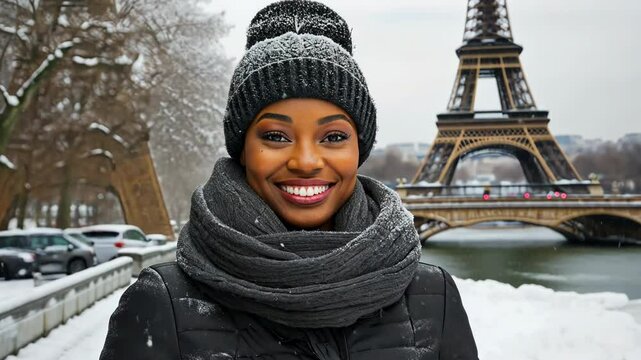 Smiling woman bundled in winter clothing with Eiffel Tower in background, enjoying snowy day in Paris. Travel, seasonal charm, and iconic landmarks for tourism, adventure, and winter holiday