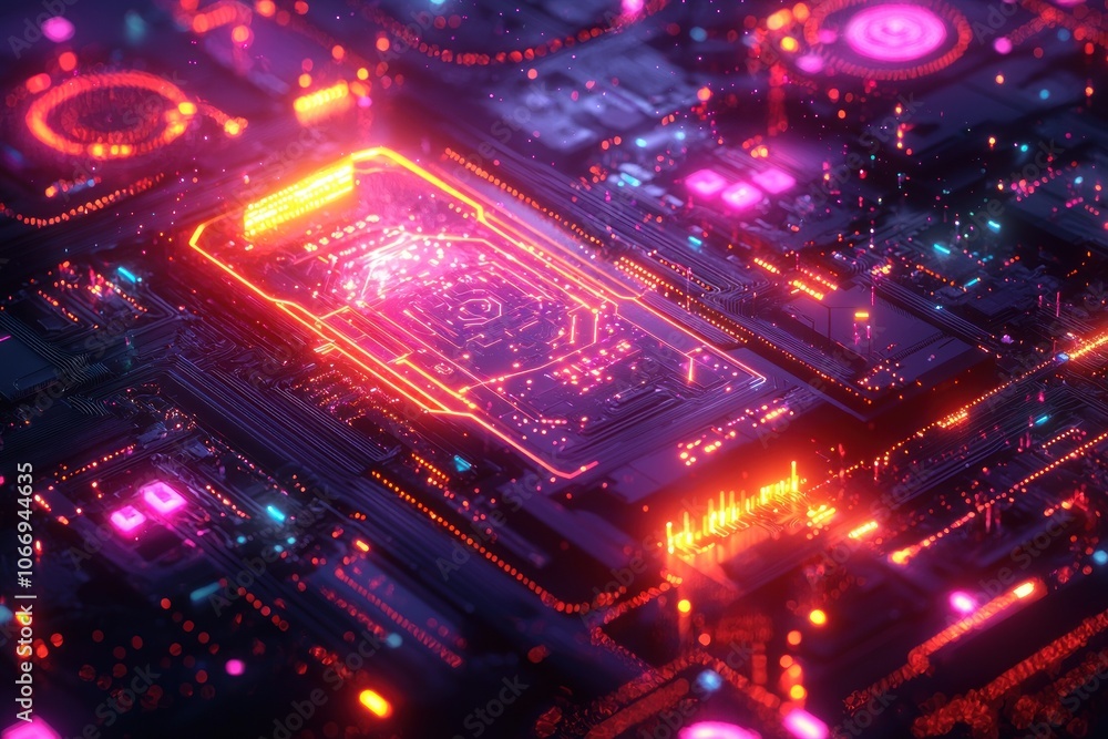 Aufkleber close-up of a glowing circuit board with neon lights