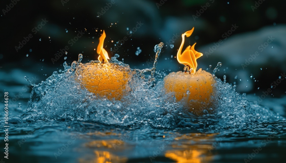 Poster two flaming candles floating amidst splashing water in an evening setting