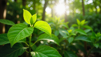 Obraz premium Sunlit single green leaf in focus with blurred forest background