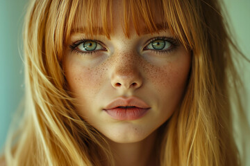 A woman with long blonde hair and blue eyes