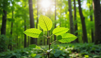 Fototapeta premium Green leaves in sunlight with forest trees in background