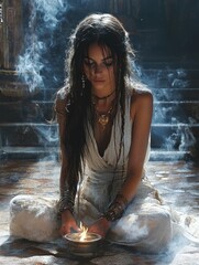 Mysterious woman in meditation with smoky atmosphere and candle flame