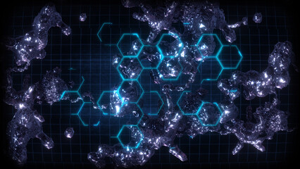 A data screen style background of strange synthetic formations of undulating organic looking material pulsating with glowing data glitch and interference effects.