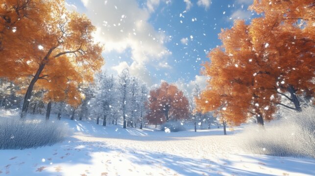First snowfall on a sunny day in autumn forest with copy space