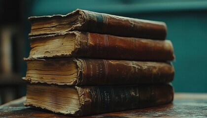 A stack of vintage books resting on a table against a blue wall