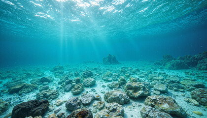 Fototapeta premium Underwater rocky seabed with sun rays penetrating clear water