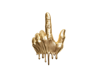 a golden hand with a finger pointing up